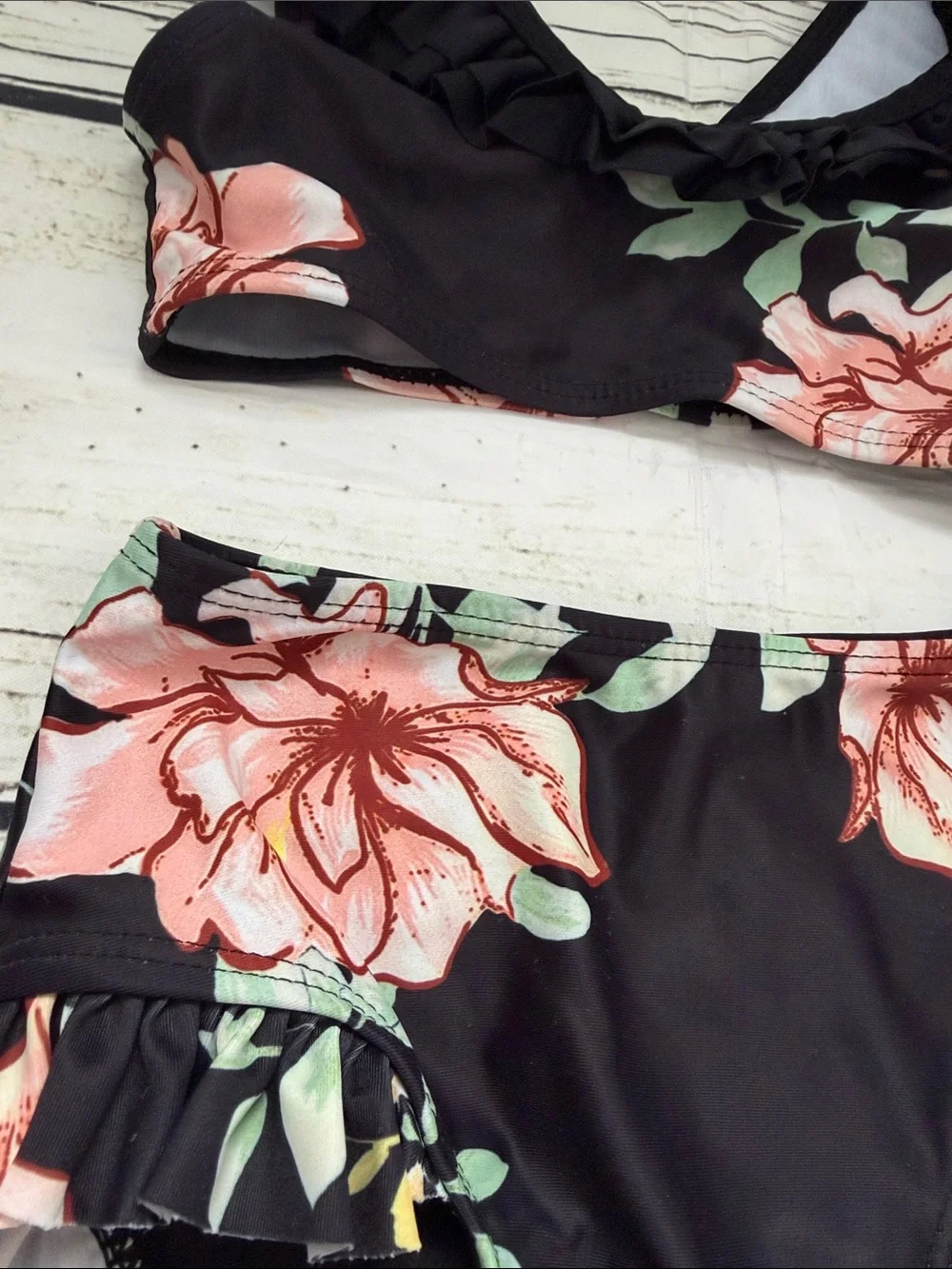 ♡ Girls Boutique Black Floral Ruffle Two-Piece Swim Set with Headband 4T